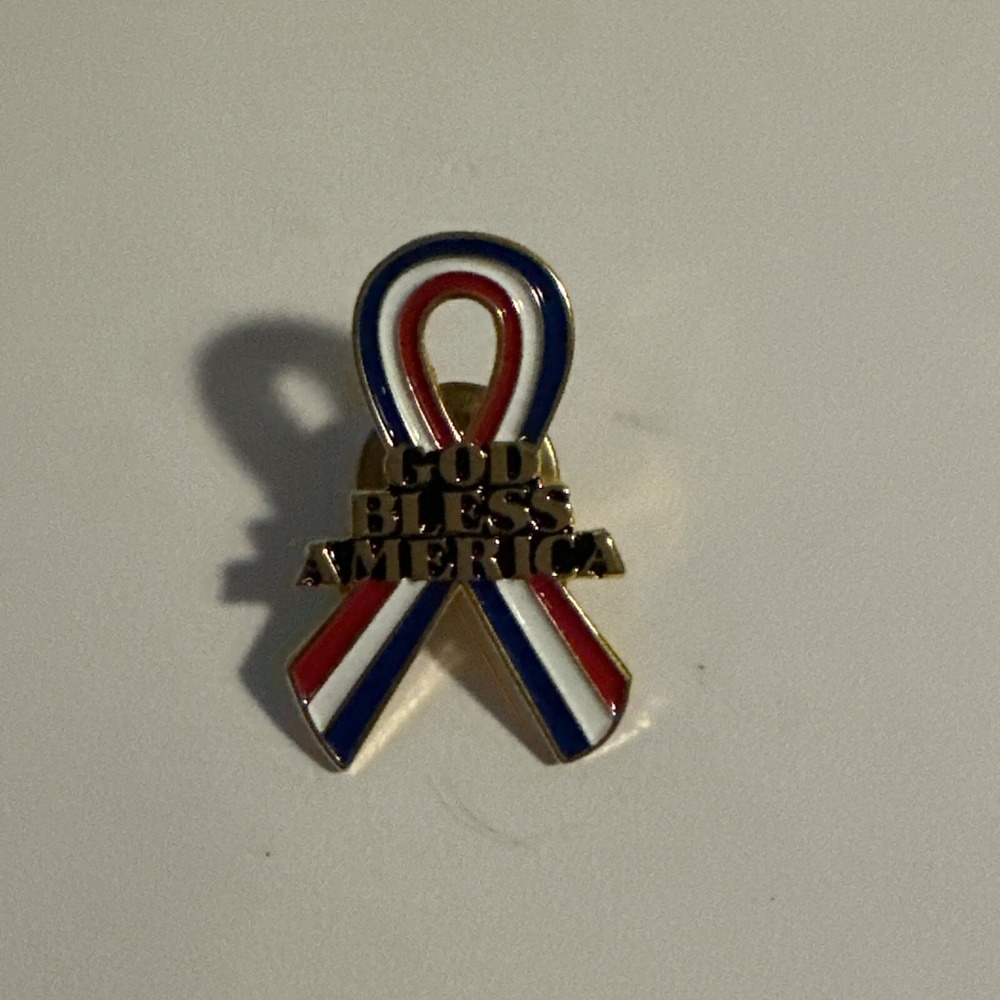 RS Co. God Bless America Ribbon Brooch Pin 2007 Red White Blue Gold Tone